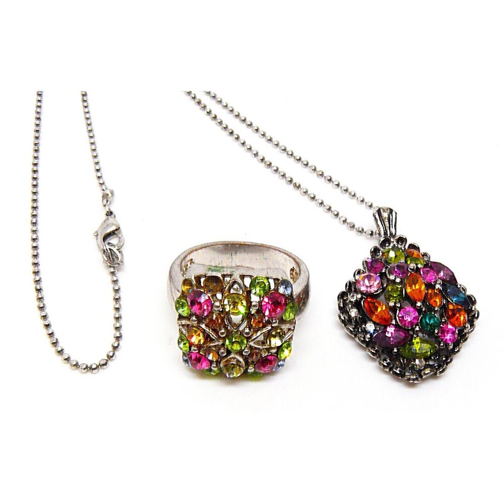 VTG Multicolor Pendant Rhinestone Necklace & Ring Matched Set Silver Tone SEE